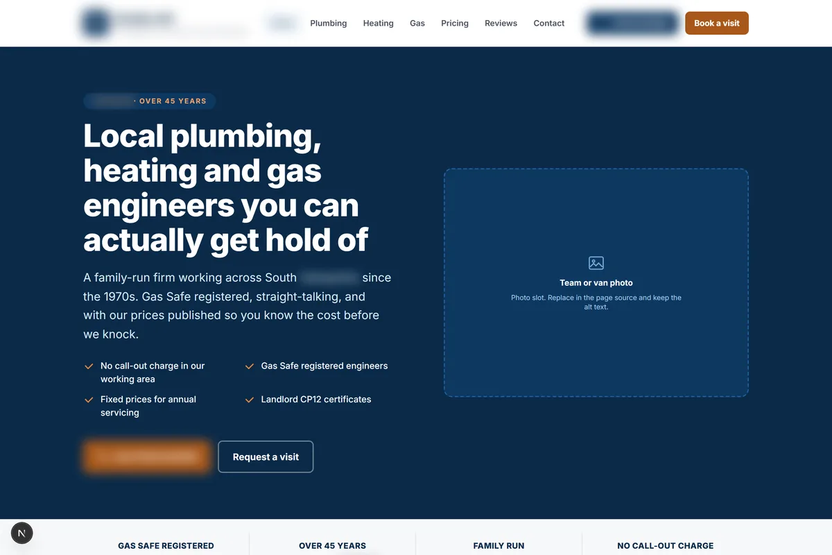 Home page of an anonymised client build. The trading name, telephone number and town are blurred out.