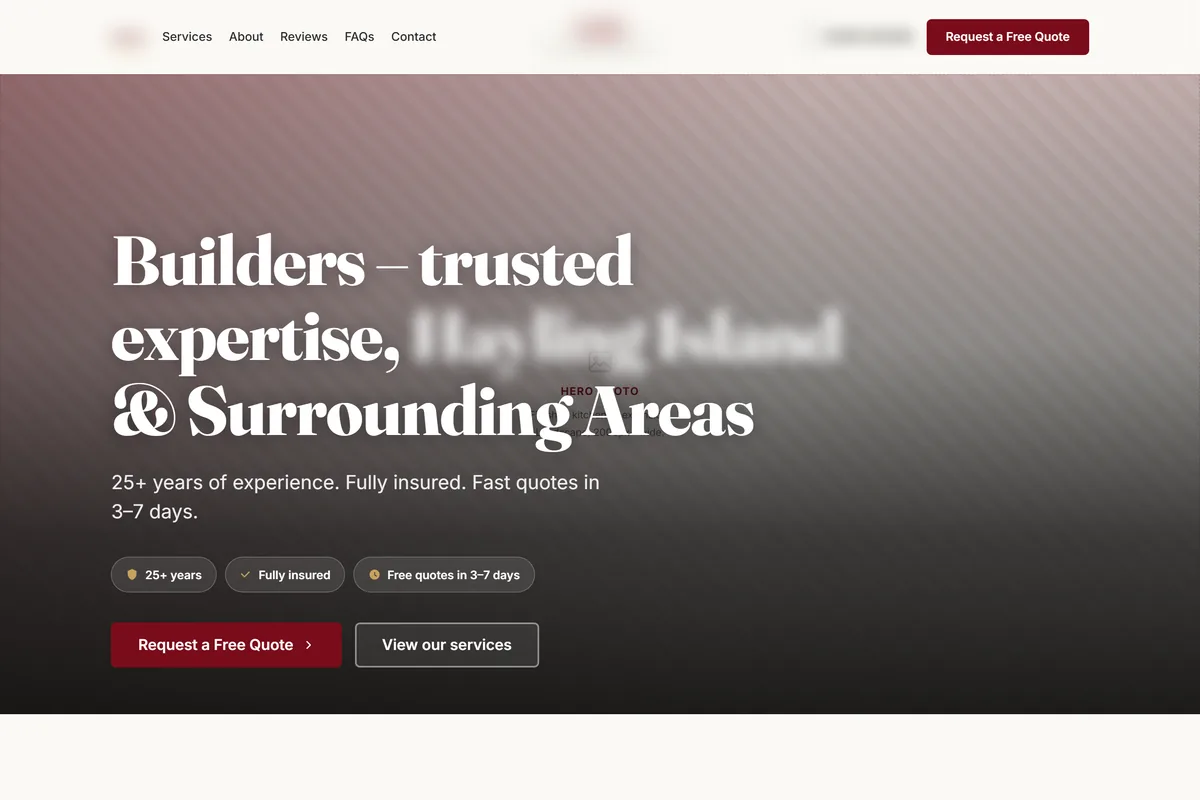 Home page of an anonymised client build. The trading name, telephone number and town are blurred out.