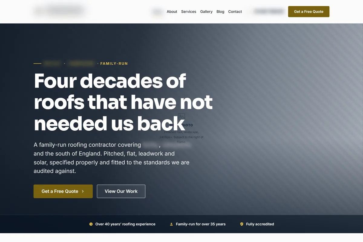 Home page of an anonymised client build. The trading name, telephone number and town are blurred out.