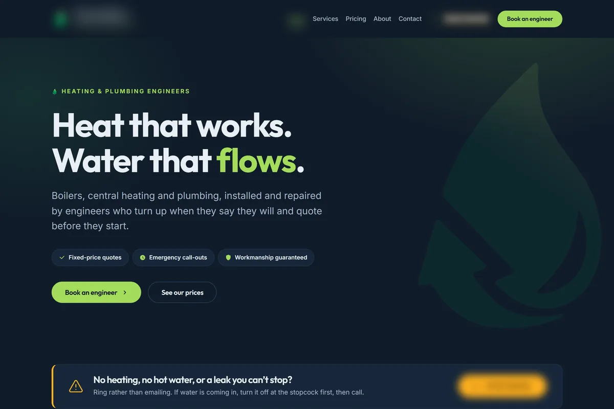 Home page of an anonymised client build. The trading name, telephone number and town are blurred out.