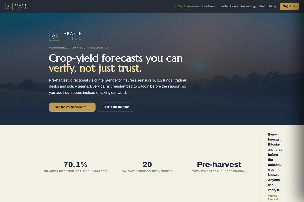 Home page of arableintel.com: crop-yield forecasts you can verify, over a dusk photograph of arable fields.