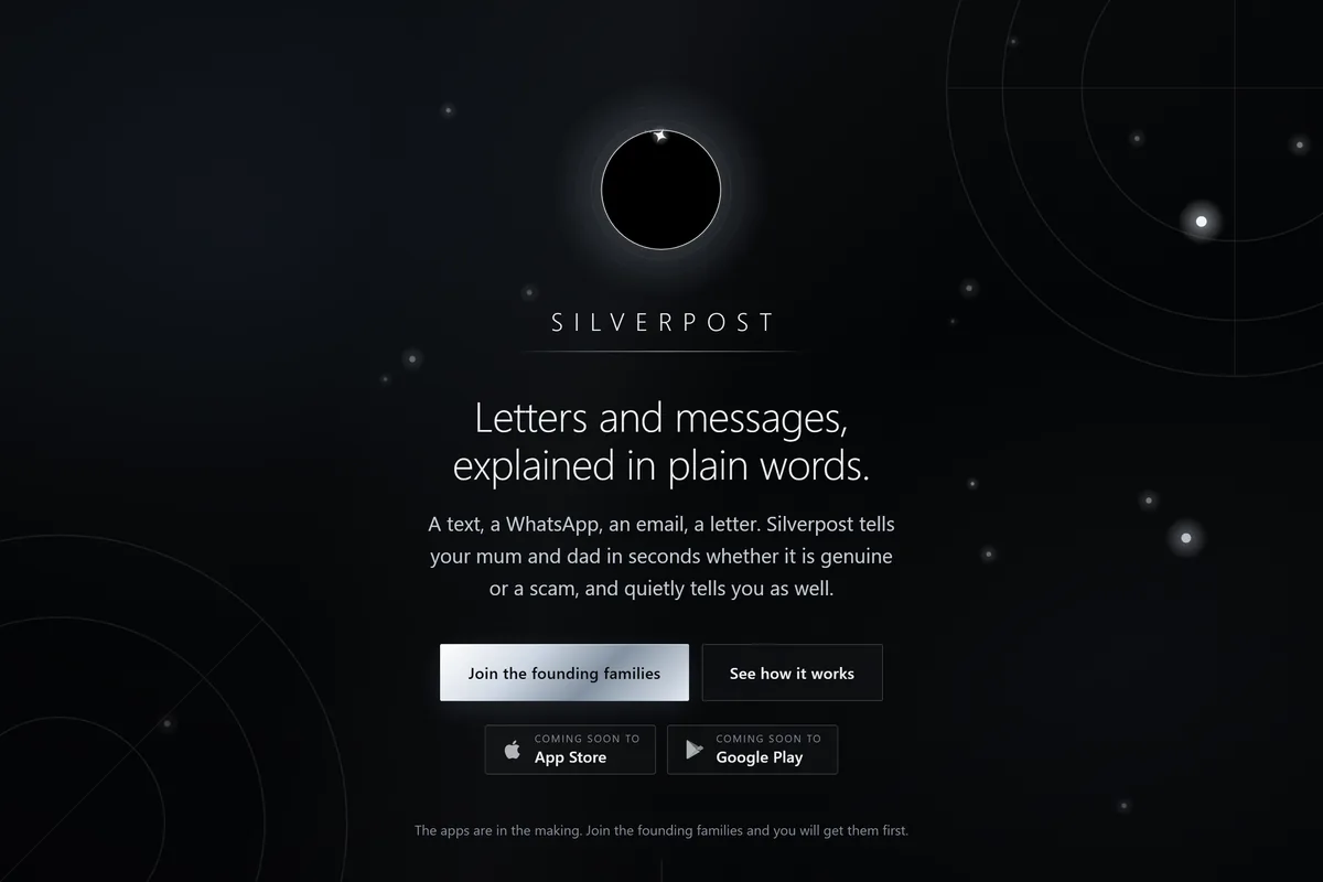 Home page of silverpost.co.uk: a total eclipse rendered in silver light above the line, letters and messages explained in plain words.